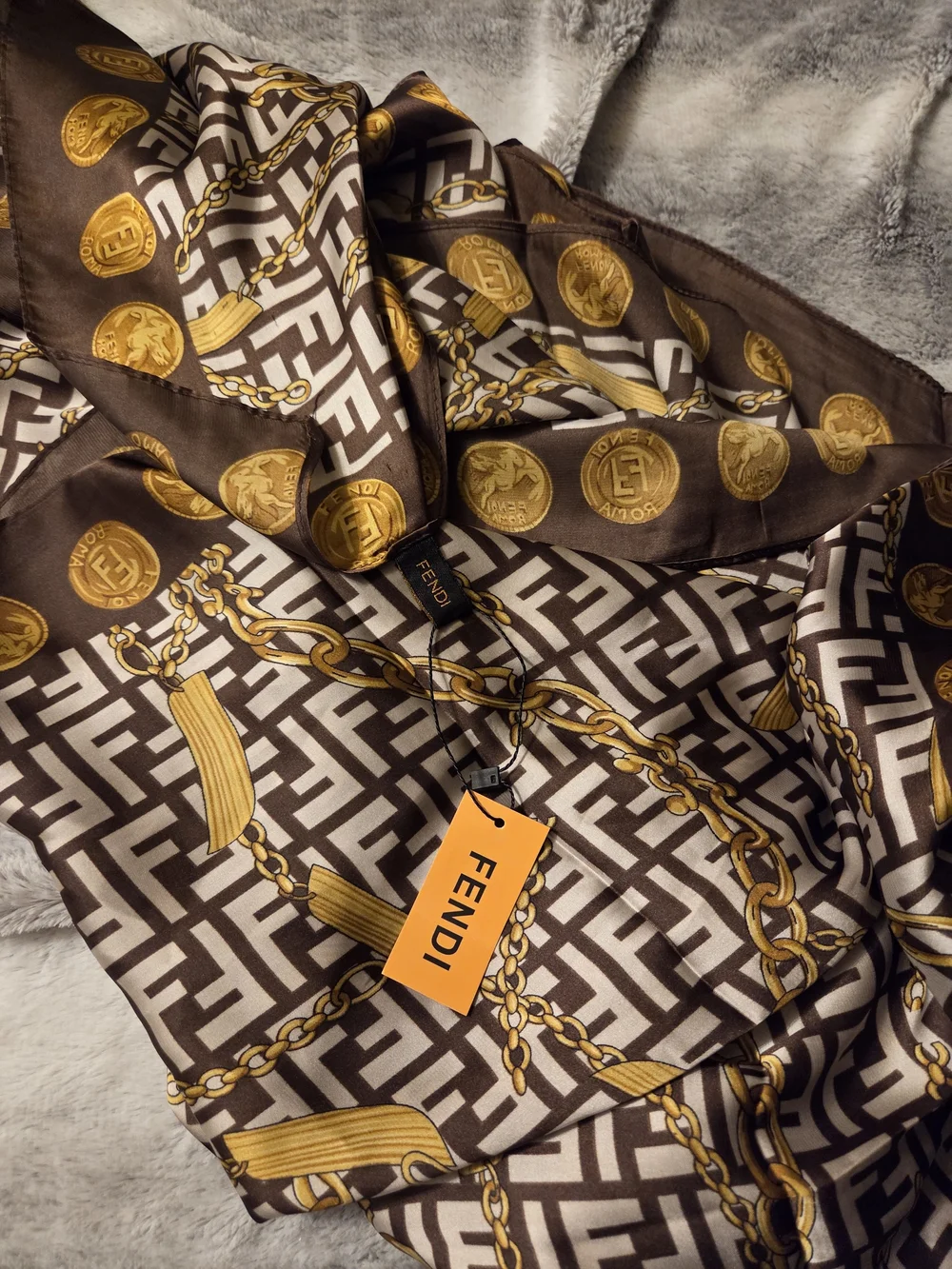 FF Brown & Gold Logo Print Silk Scarf NWT
